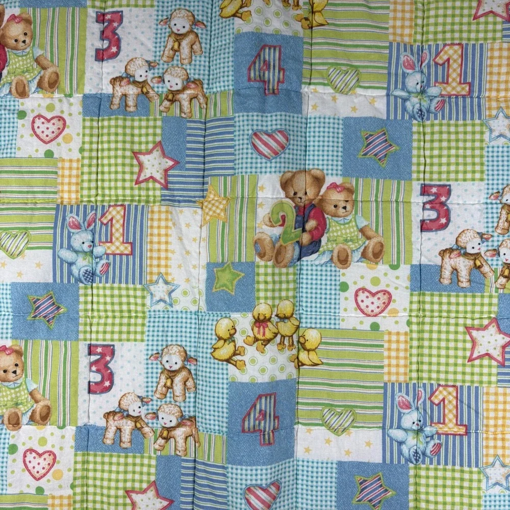 Vintage Baby Quilt Pastel Animals Duck Bunny Lamb Hand Quilted 40x44 Nursery